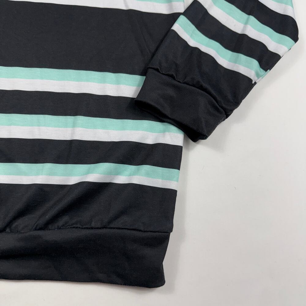 Women's Black White Green Stripes Color Block Hoodie Long Sleeve Shirt  - Picture 3 of 8